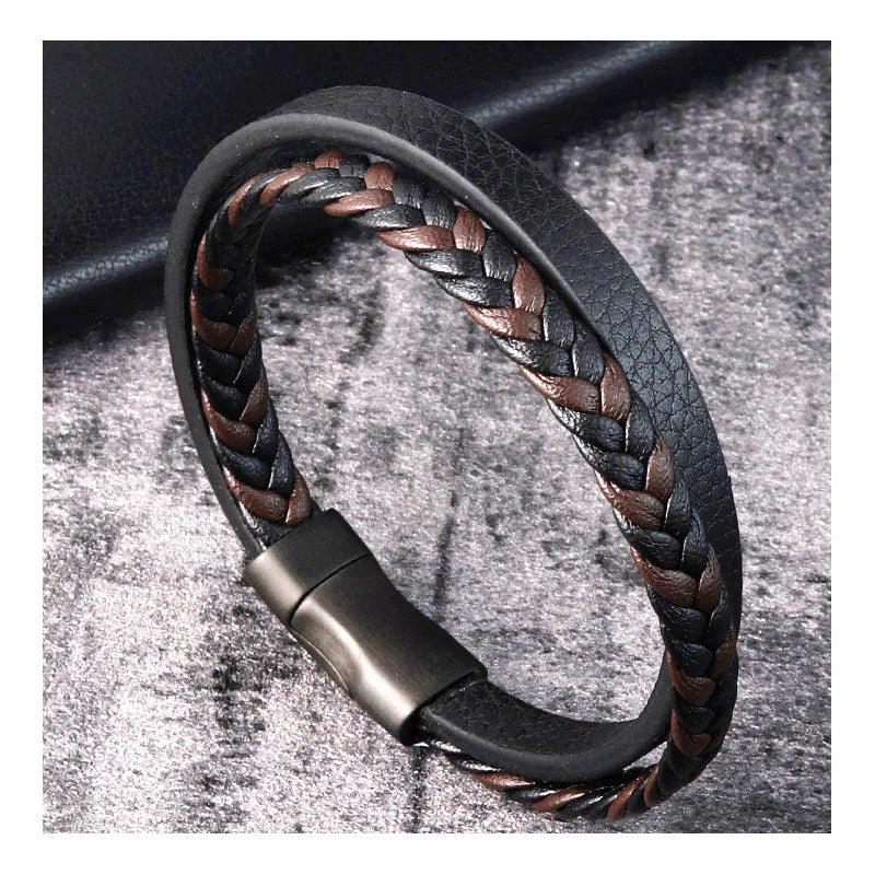 Factory Custom Double Layer Braided Genuine Leather Bracelets With 316L Stainless Steel Magnetic Clasp for Men Jewelry