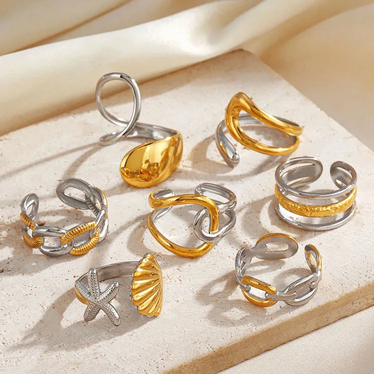 RS1132 Pretty Gold and Silver Stainless Steel Ring Adjustable Female Aesthetic French-style Seashell Starfish Snake  Rings