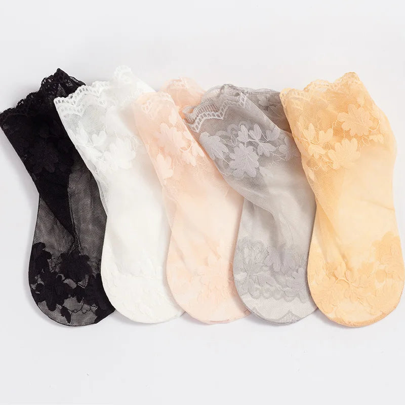 5Pairs Per Set Women Embroidery Crew Silk Socks Cotton Women Funny Invisible Colorful Thin Skin Socks