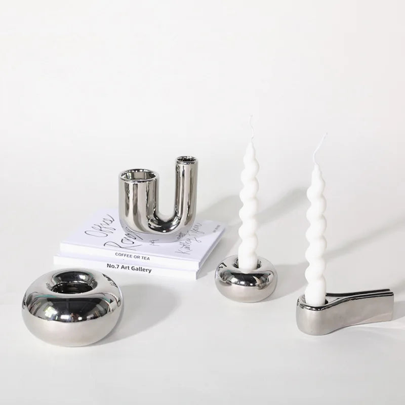2023 Creative Home Decor Pottery Electroplated Silver Ceramic Candle Holder