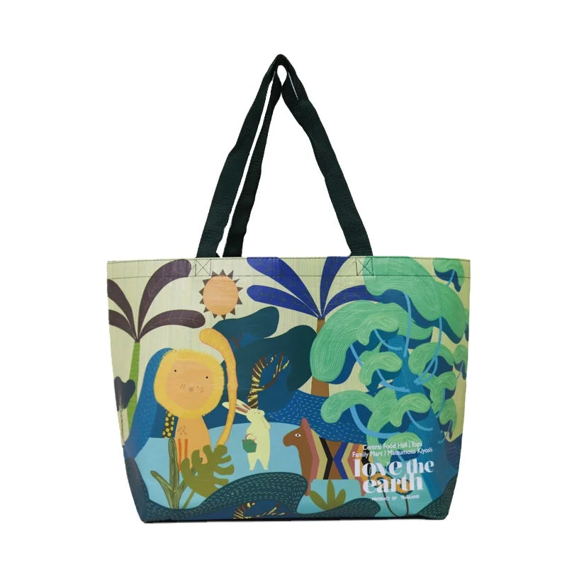Beach Style Recycled Ocean Plastic Water Bottles Laminated RPET Reusable Non Woven Foldable Supermarket Shopper Bag Double