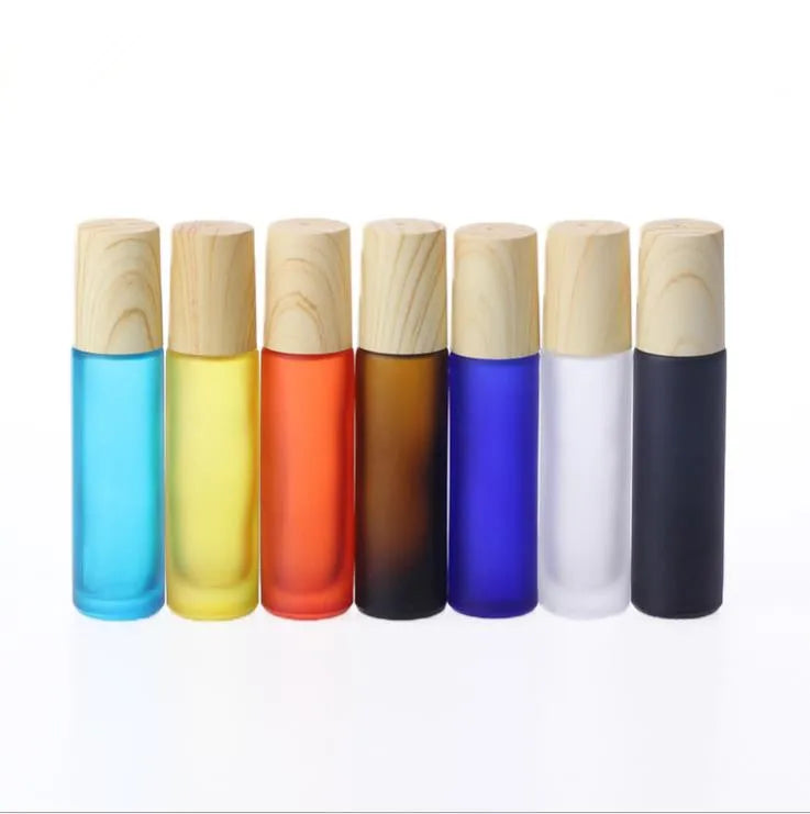 In Stock Frosted Matte Rainbow Colors 10ml Glass Roll on Bottle With Wood Grain Cover/cap Essential Oil Perfume Bottle