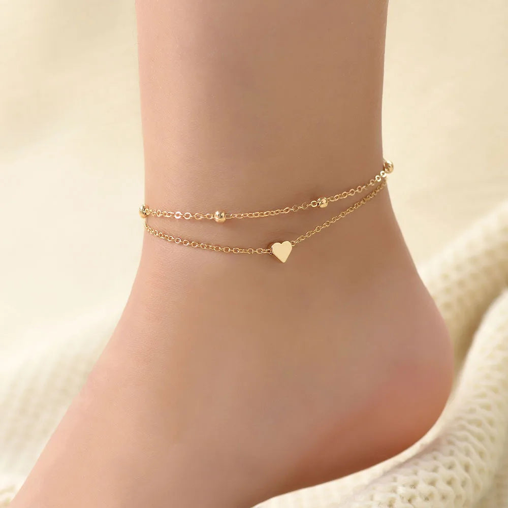 Double Chain Heart Anklet for Women Round Beads Alloy Body Jewelry Stylish Fashion Accessory for Parties or Gifts