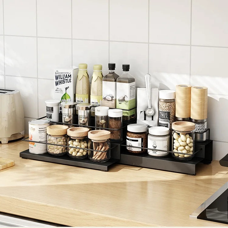 Storage Organizer for Kitchen Drawer Bathroom Metal Black 3-Tier Step Sliding Extendable Pull Out  Standing Spice Rack