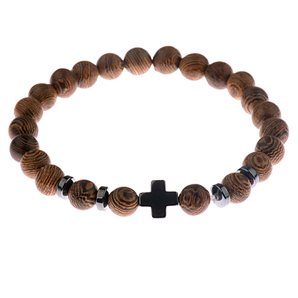 Gold Plated Bohemian Style Natural Sandalwood Beads Bracelet Men's Cross Prayer Wood Bracelet for Women's Gift