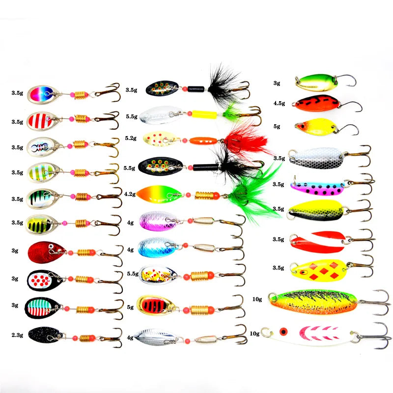 SNEDA 30pcs Bionic Hard Metal Freshwater Bass Spoon Artificial Bait Spoon Fishing Lure Set With Hook and Feather