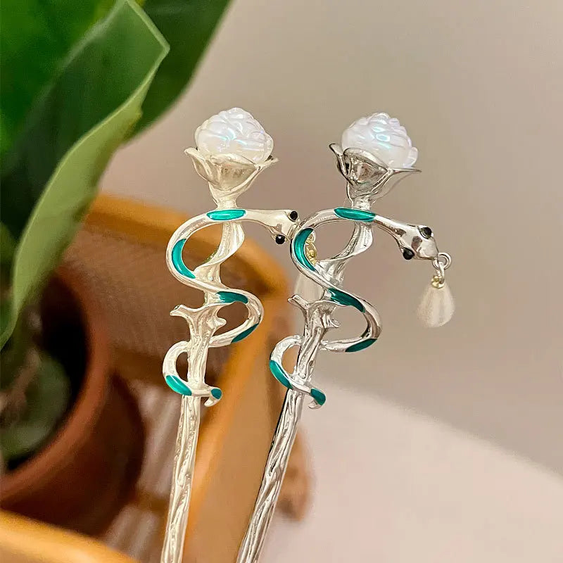 Chinese Hair Stick Snake Flower Hairpin Chopsticks Ancient Girls Hair Bun Forks Chopsticks Vintage Hanfu Hair Jewelry