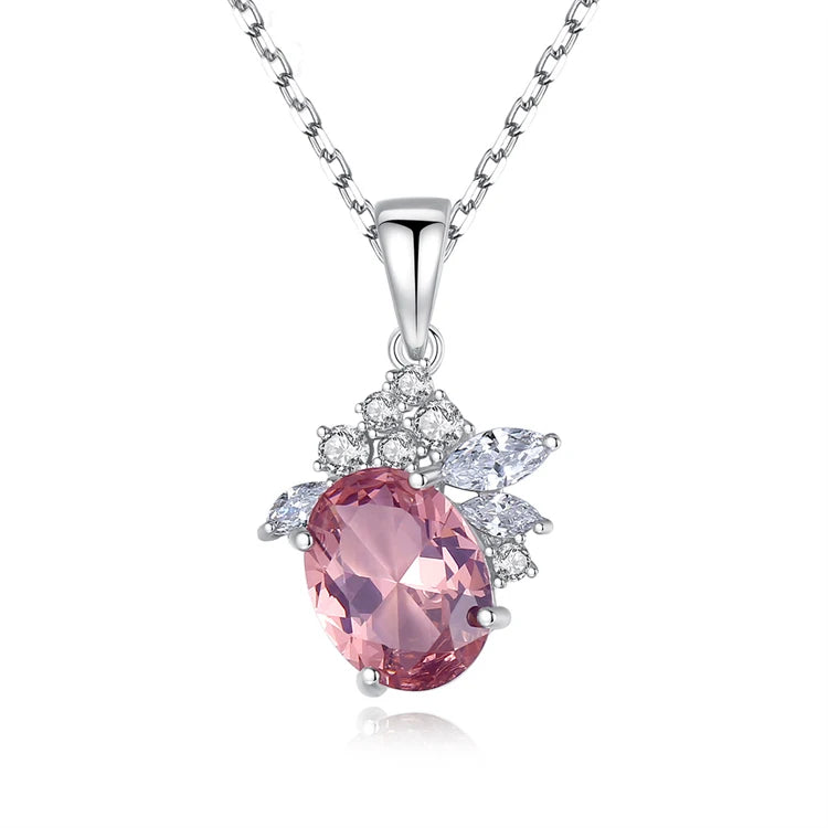Luxury Fine Jewelry Oval Shape Pink Diamond Pendant 925 Sterling Silver Zircons Necklace for Women