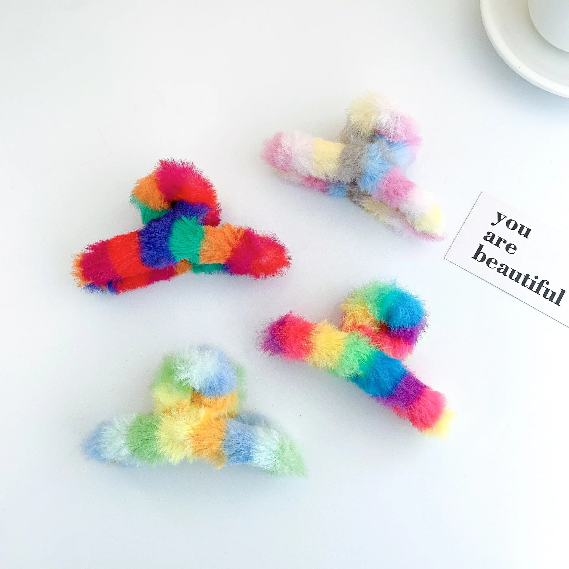MIO Girls Gradient Fluffy rainbow Claw Clip Color Plush Hair Claws Clips Autumn Winter Sweet Simple Women Hair Clip Claw