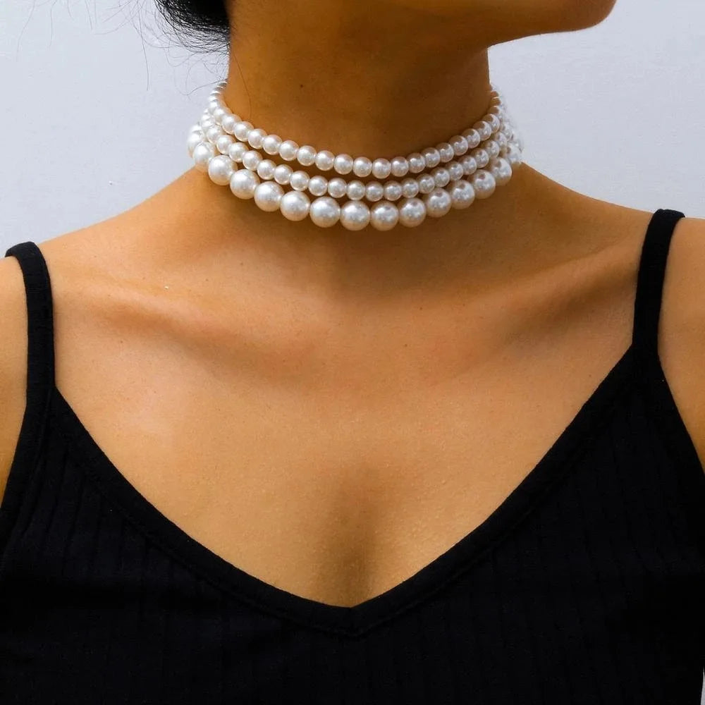 3Pcs/Set Fashion Vintage Jewelry Necklace Simple Bohemian Multi-layer Irregularity White Pearls Necklace for Women
