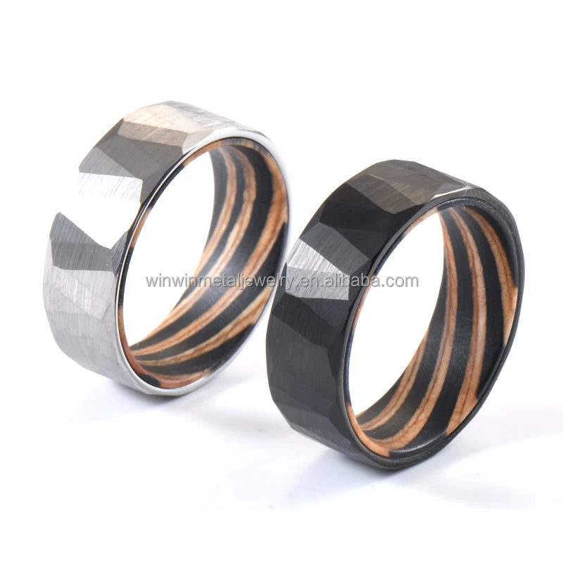 8mm Faceted Style Comfort Fit Tungsten Carbide Ring Black with Colorful Wood Inner Men Wedding Engagement Party Fashion Ring