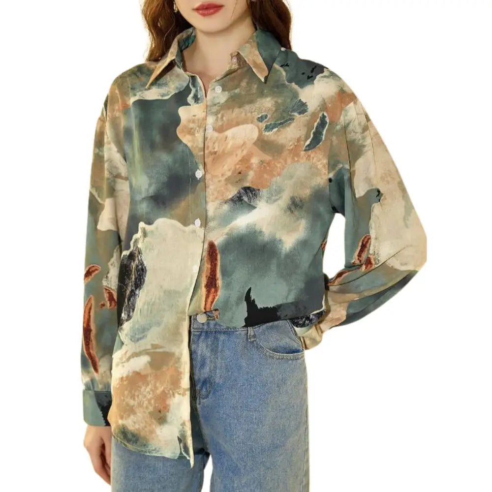 Spring and Summer New Women Lapel Long Sleeve Ink Print Shirt Blouse Woman