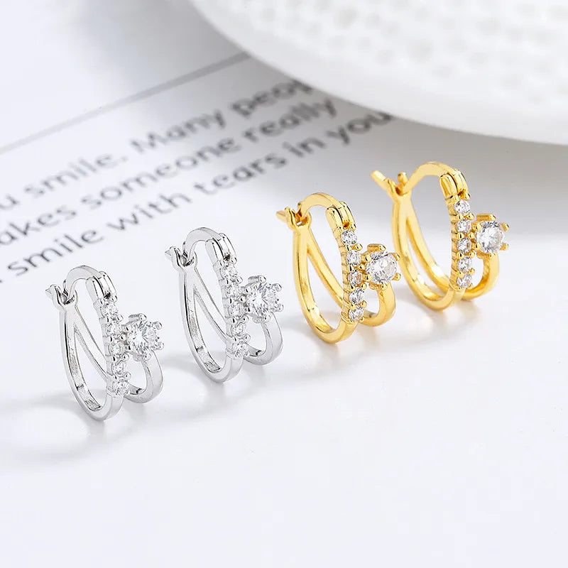 Fine Jewelry 925 Sterling Silver Statement Earrings Geometric Two Layers Row of Zircon Gold Plated Hoop Earrings Women
