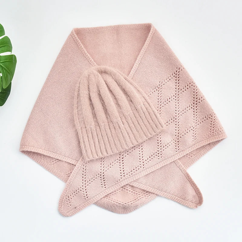 Custom Beanie and Scarf Set Fashion Solid Color Women Wool Thick Knit Beanies Winter Long Hair Angora Hats and Scarf Set