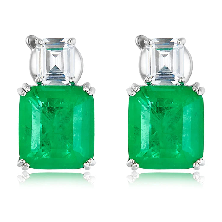 Luxury Sterling Silver Green Stone Earrings Jewelry Women Big Square CZ Emerald Gemstone Earrings