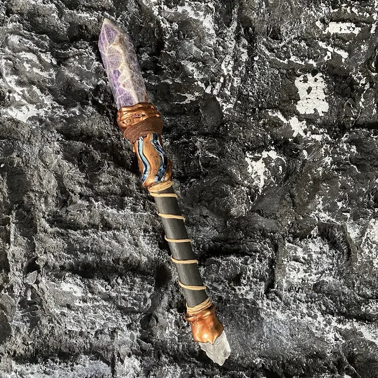 Double-Headed White Crystal Amethyst Scepter New Witch Magic Wand for Religious Ceremonies and Divination Props Made of Wood