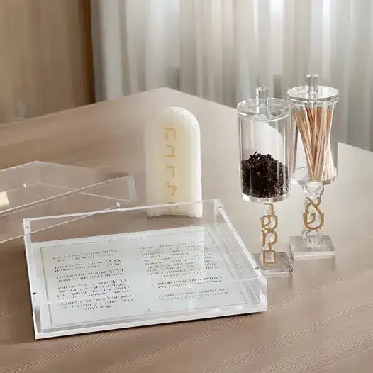 Judaica Embroidery Leatherette Base Besamim Matches Box Lucite Havdalah Set