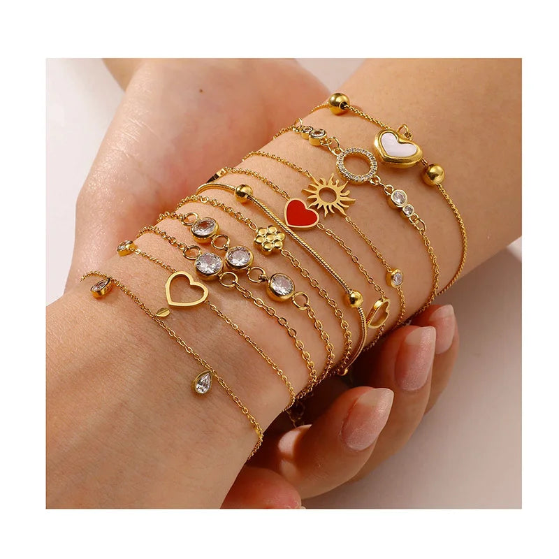Stainless Steel Bracelet Zircon Heart Charm Thin 18K Gold Plated Fashion Jewelry Bracelets & Bangles