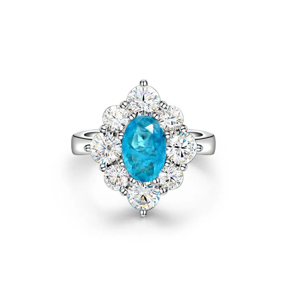 Fashion 9*6mm Oval Blue Paraiba Cubic Zirconia 925 Silver Ring