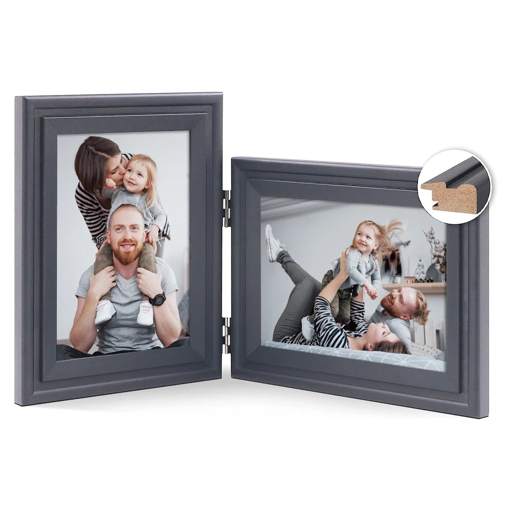 Double 5x7 Black Wood Folding Picture Frame Desk-top or Wall Mounted Hinged Photo Frame  Hinged Photo Frame