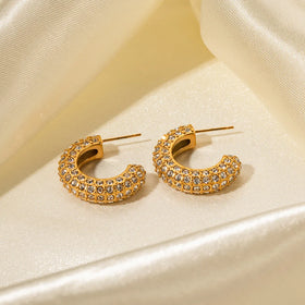 Micro Pave Luxury Cubic Zirconia Stainless Steel Fashion C Shape Stud Earrings 18k Gold Plated Shiny Jewelry