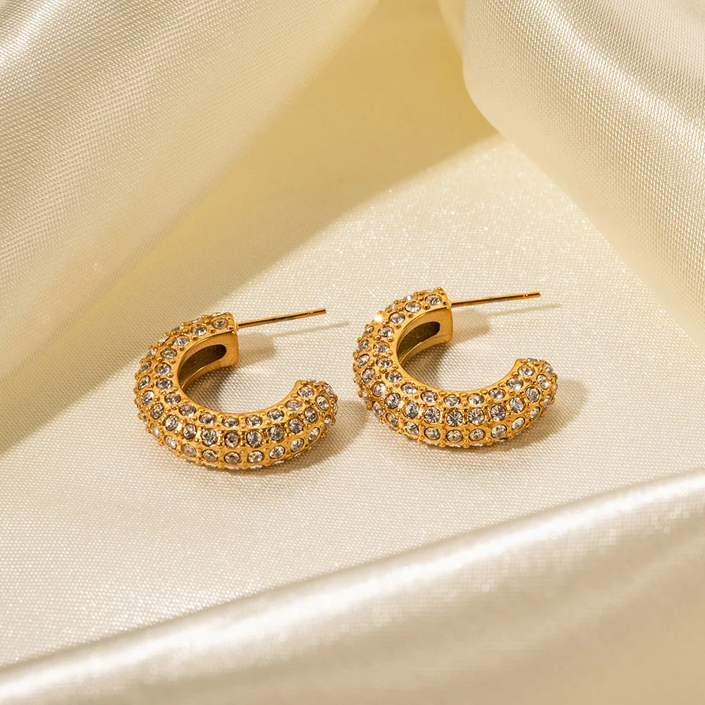 Micro Pave Luxury Cubic Zirconia Stainless Steel Fashion C Shape Stud Earrings 18k Gold Plated Shiny Jewelry
