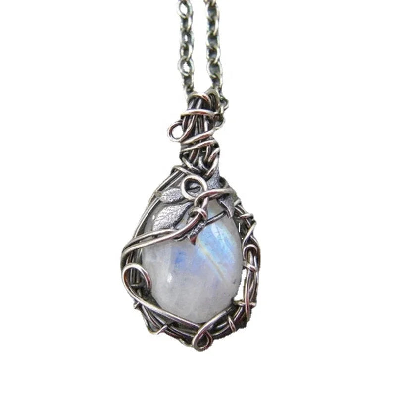 Hot Sale Fashion Jewelry Moonstone Necklace Women Pendant Boho Wind Leaf Rattan Jewelry Wholesale