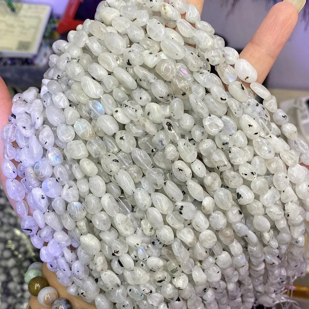 8-10mm Gravel Pebble Beads for Jewelry Making Natural Black Dot Moonstone Healing Gemstone Irregular Round Shape Beads 15"