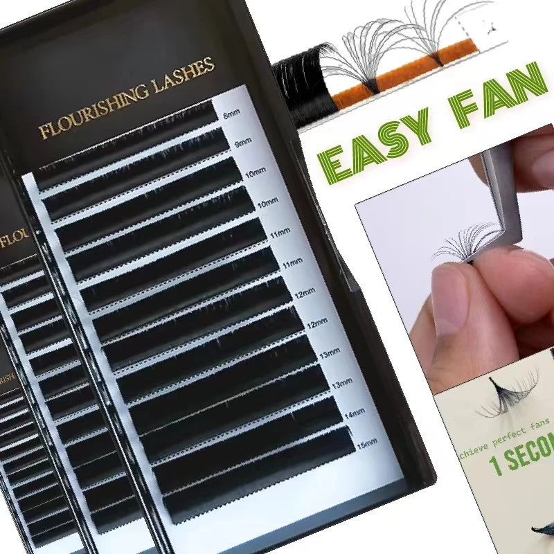 Private Label Easy to Make Fan Lashes 0.03 0.05 0.07mm One Second Blooming Auto Fan Black Matte Eyelash Extensions