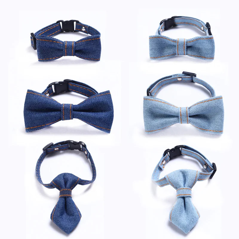 Solid-color Denim Pet Accessories Adjustable Pet Denim Bow Tie Collar for Cats and Dogs
