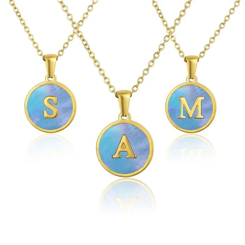 Statement Stainless Steel Gold Plated Geometric Heart Square Round Alphabet Letter Natural Shell Necklace