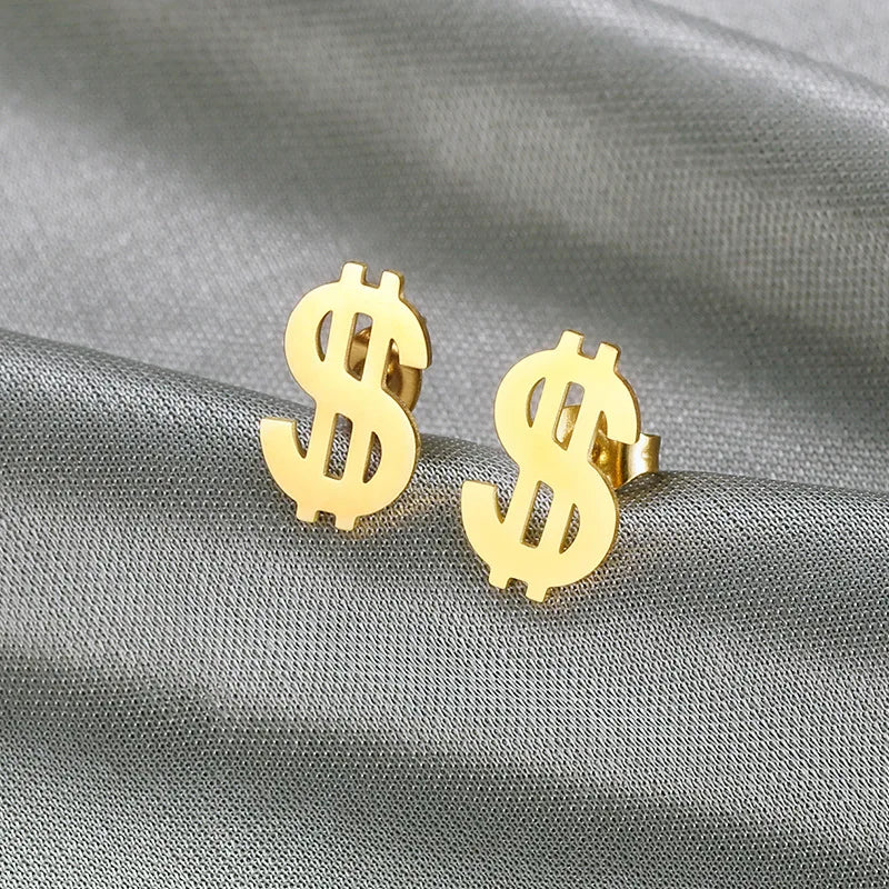 18K Gold Plated Small Cute Sweet Us Dollar Stud Earrings Stainless Steel Dollar Sign Earrings for Women