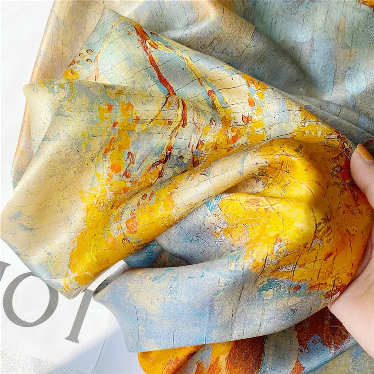 110cm Luxury Brand 100% Silk Scarf Oil Painting Fashion Square Scarves Women Hijab Foulard Headband Big Silk Scarf