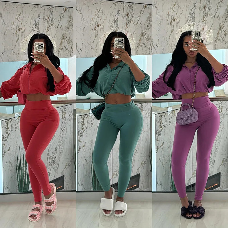 Good Quality Wholesale Zipper Crop Top Pants 2 Piece Clothing Women Sportswear Two Piece Tights Set