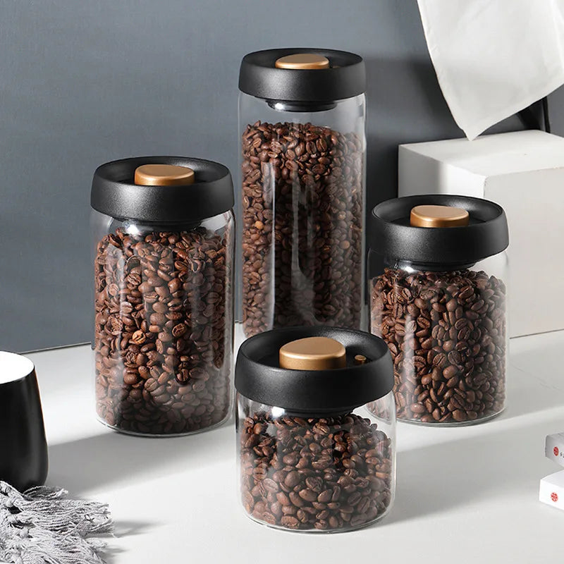Airtight Coffee Canister Glass Vacuum Storage Jar Coffee Bean Storage Jar Kitchen Storage Container Transparent Cereals Tank
