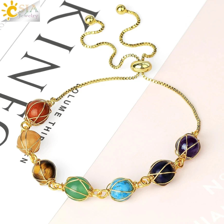 CSJA Trendy Natural Stone Green Jade Bracelet Gold Plated Wire Wrapped 7 Chakra Crystal Friendship Bracelets for Teen Girls G700