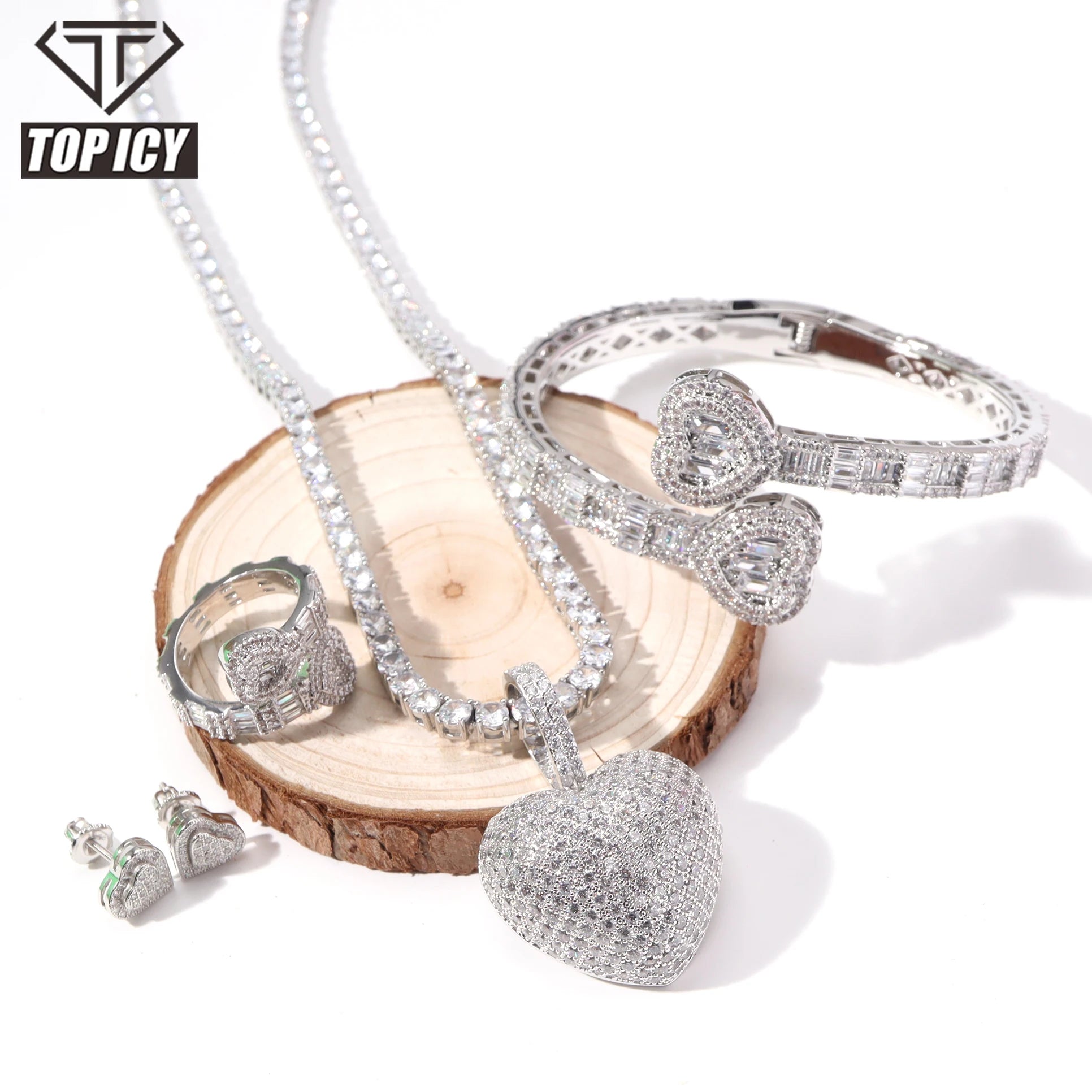 Women's Iced Heart Style CZ Bling Bling Tennis Link Chain Set Baguette Bangle Big Heart Pendant for Parties Zircon Main Stone