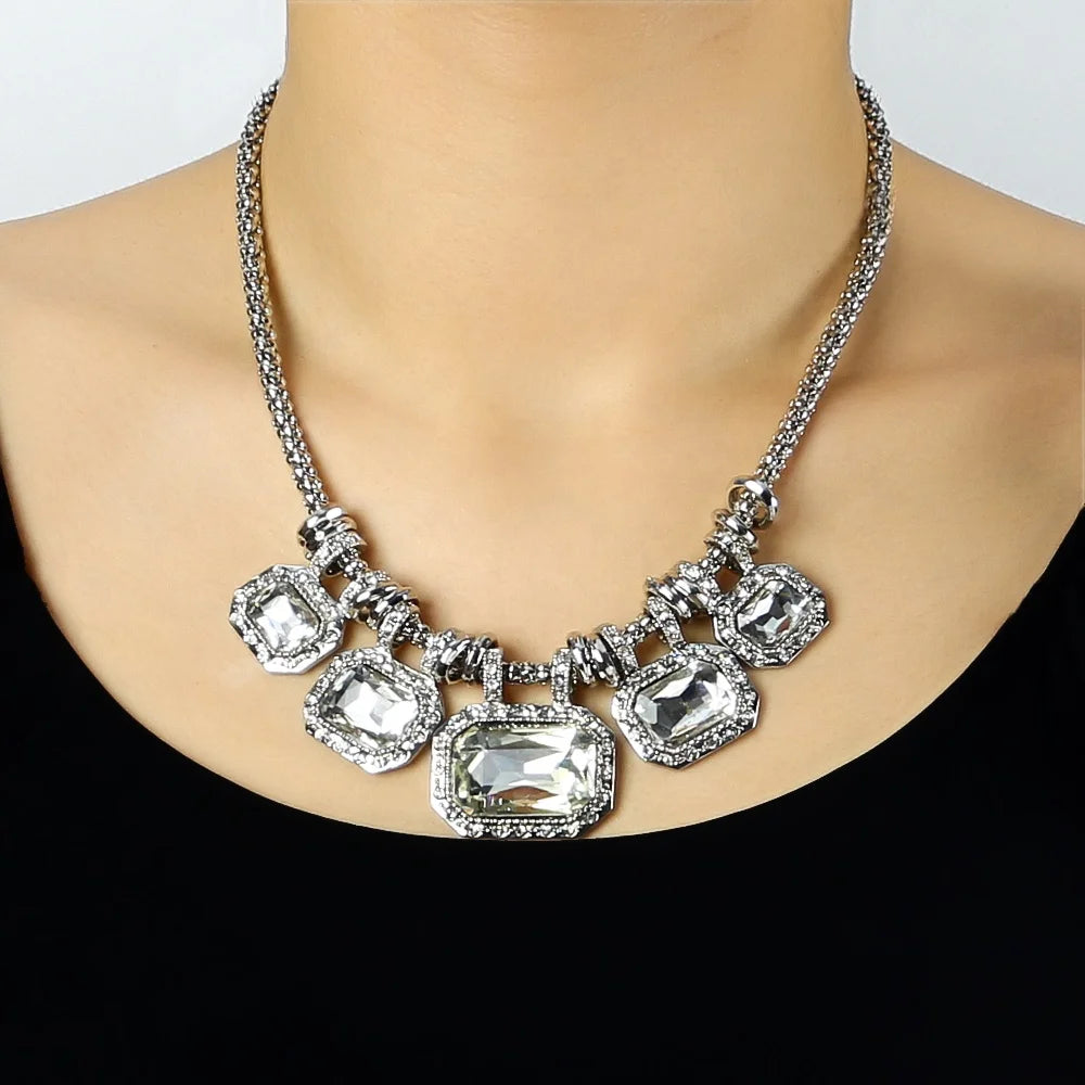 New Trendy Exaggerated Alloy Jewelry Adjustable Square Shiny Glass Chain Choker Necklace