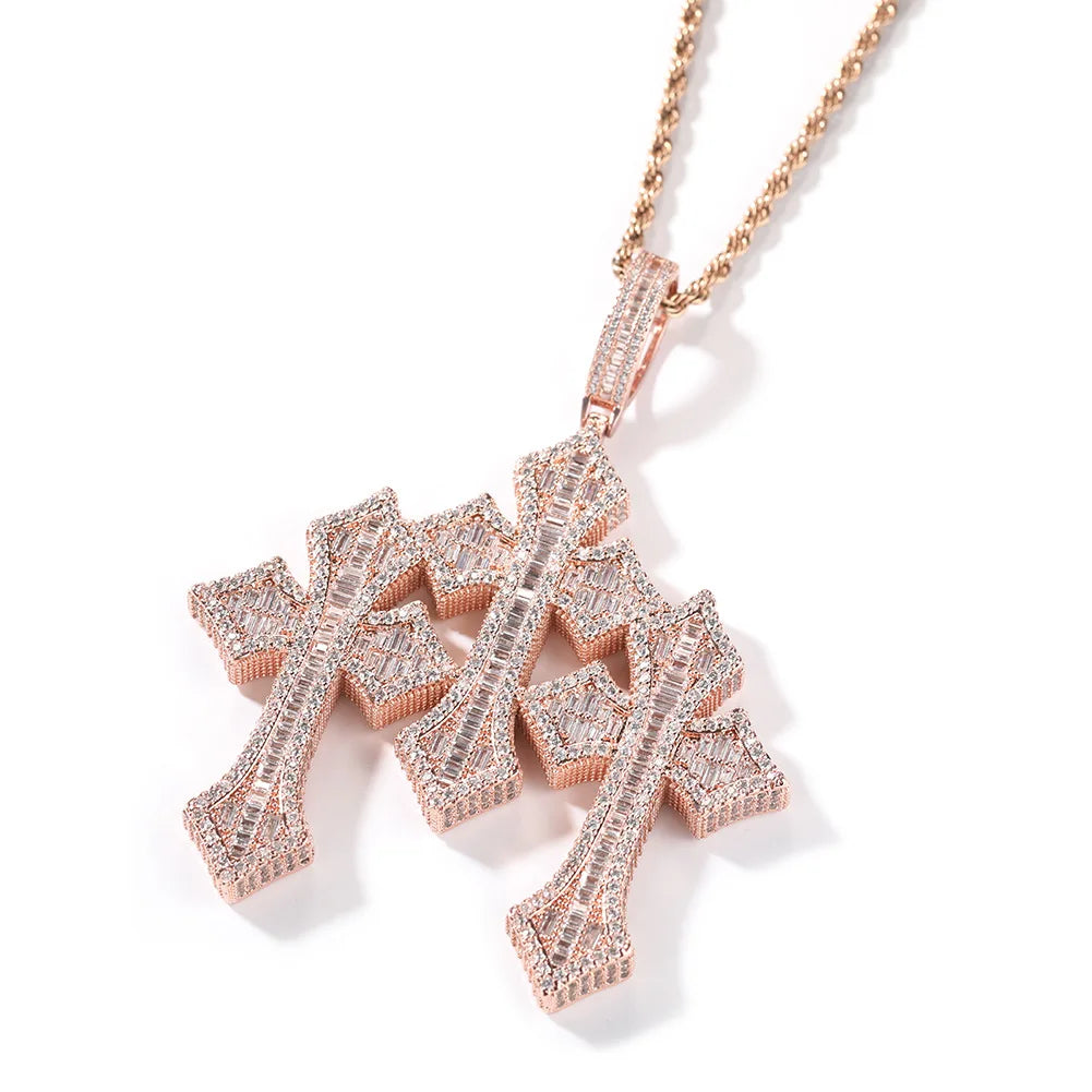 Men's Trendy Three-in-One Baguette Cut Diamond Pendant Religious Iced Cross Customizable Rope Mainly Made Featuring Zircon