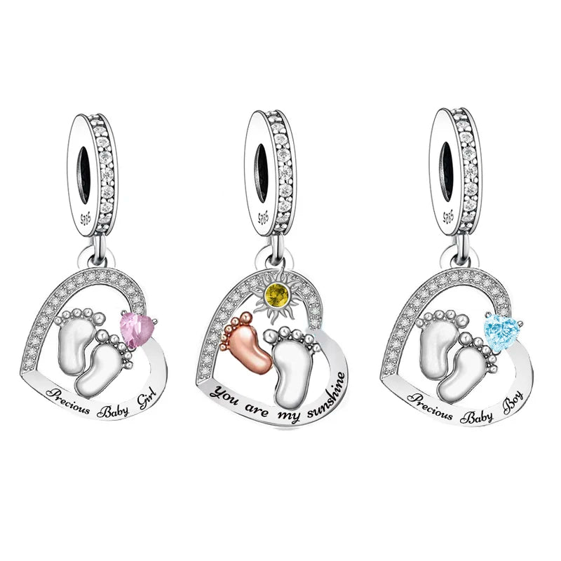 Fit Original Pan Charms Bracelet 925 Sterling Silver Baby Foot You Are My Sunshine Heart Bead for Women Jewelry Making