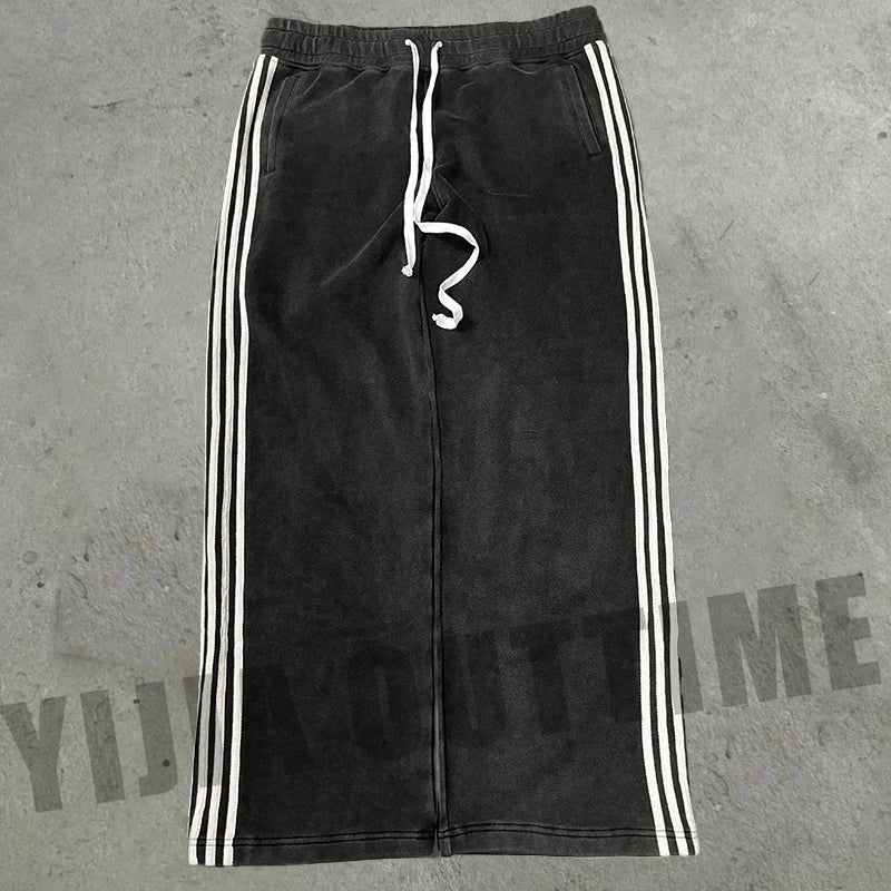 Custom Straight Leg Sweatpants Zipper Bottom Stripe Cotton Waffle Oversized Baggy Loose Jogger Streetwear Flared Pants Men Women