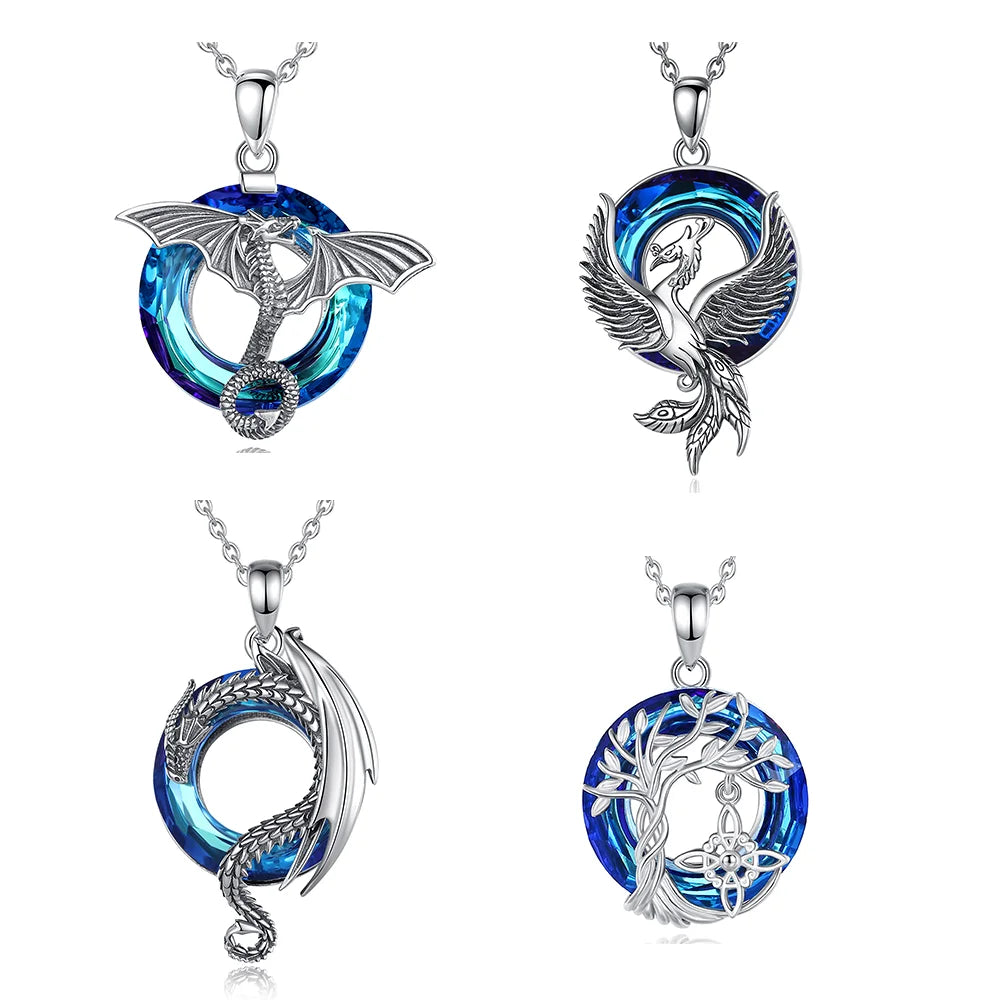 Merryshine Women 925 Sterling Silver Men Vintage Good Luck Blue Crystal Phoenix Pendant Necklace for Women
