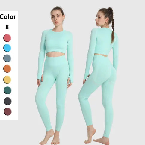 Seamless Sports Plus Size Suit Women's High Waist Push up Fitness Leggings Gym Long Sleeve Shirt Yoga Set