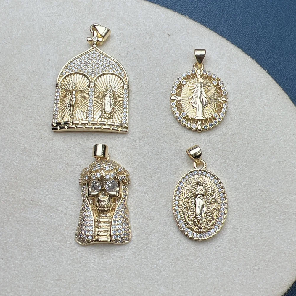 New Vintage Guadalupe Virgin Mary Jesus Charms Jewelry Making Metal Plated 18k Gold Inlaid Zircon Necklace Pendants Wholesale