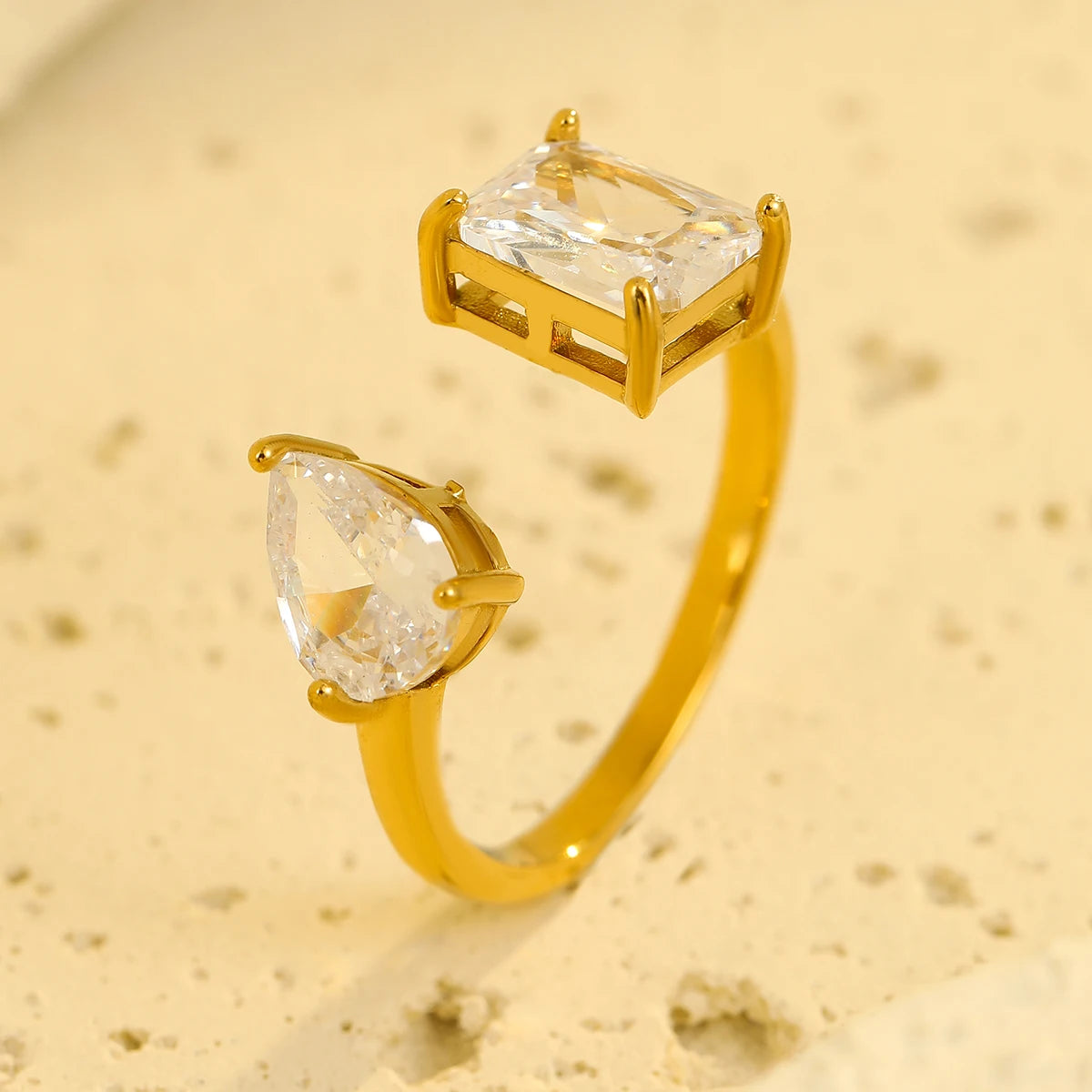Pvd Jewelry Quartz Crystals Rings Open 18k Gold Plated Stainless Steel Waterdrop Design Waterproof Adjustable Ring Women