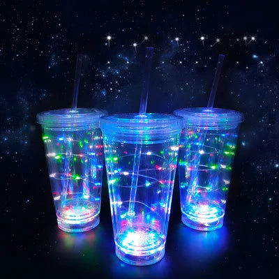 New Luminous Double-layer Straw Juice Cup with Logo PS Material for Bar Atmosphere