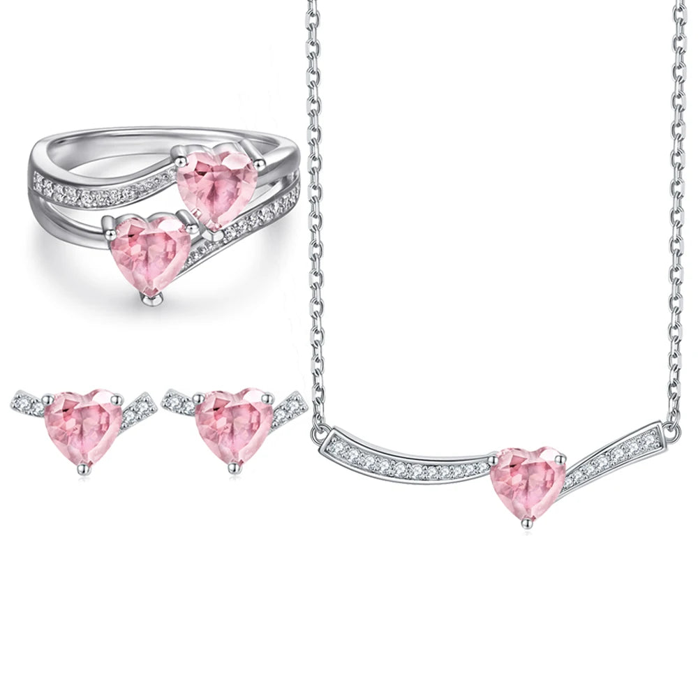 Temperament Elegant Shinny Pink Heart Double Zirconia 925 Sterling Silver Wedding Jewelry Set for Women