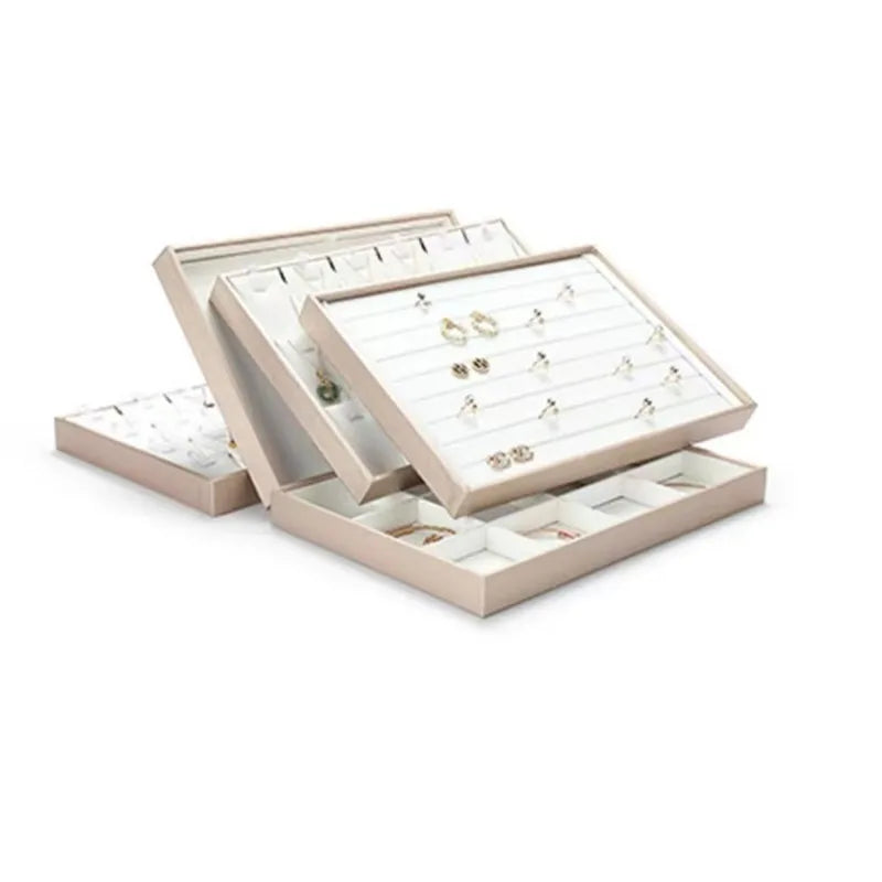 Brushed PU Leather Champagne Jewelry Display Tray White Ring Pendant Bracelet Necklace Organizer Jewelry Tray