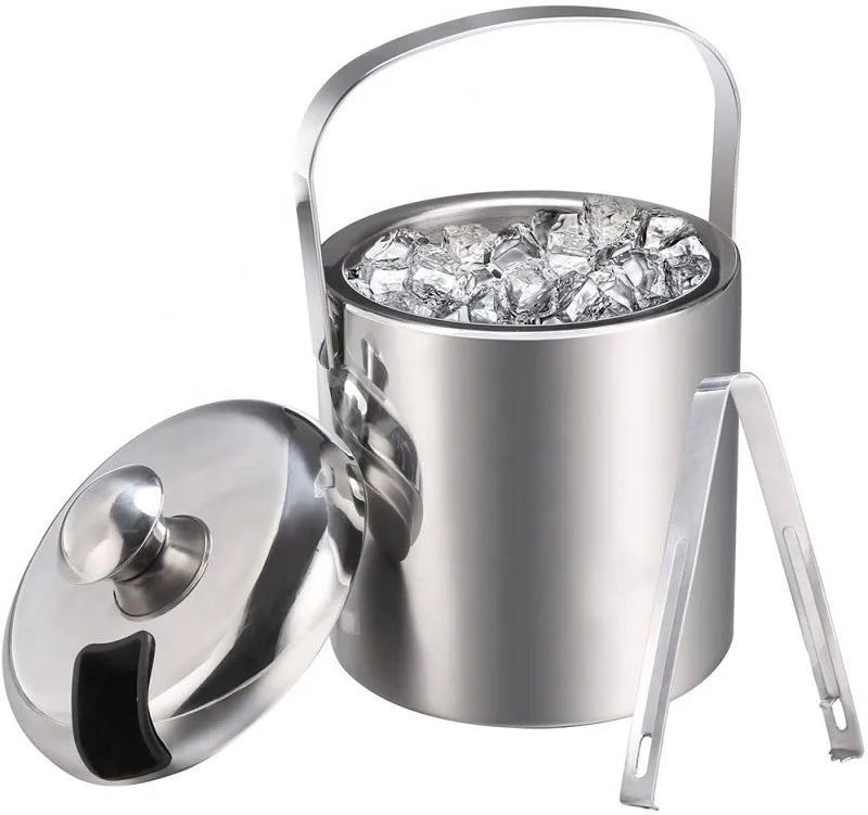 1.3L Stainless Steel Ice Cube Container Double Walled Ice Bucket Container with Tongs