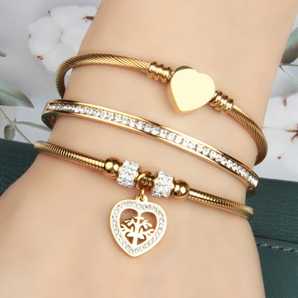 Fashion Women's Jewelry Gift Accessories Inlaid Diamond Heart-shaped Tree Pendant love 18K Gold Stainless Steel Bracelet Women